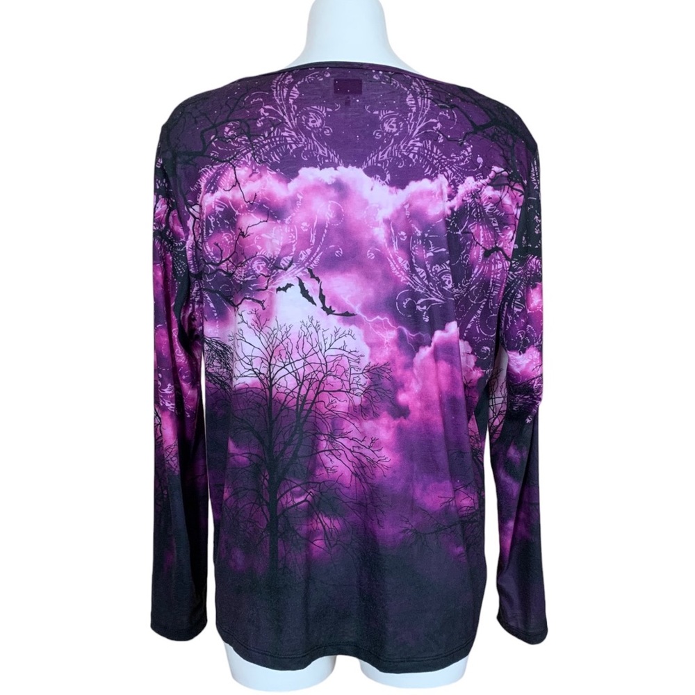 Holiday Traditions Purple Spooky Witch on a Broom Full Moon Long Sleeve Top XL - Picture 5 of 9